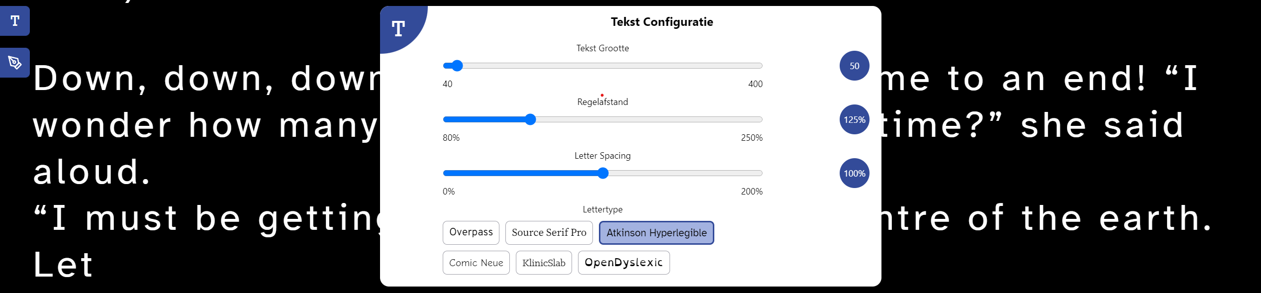 Text settings panel with sliders for text size, line height, and letter spacing adjustments, as well as font selection options.