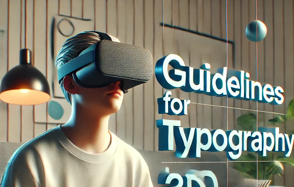 A person wearing a VR headset is using a keyboard. Floating text shows 'Guidelines for Typography in 3D'