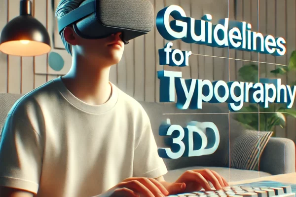 A person wearing a VR headset is using a keyboard. Floating text shows 'Guidelines for Typography in 3D'