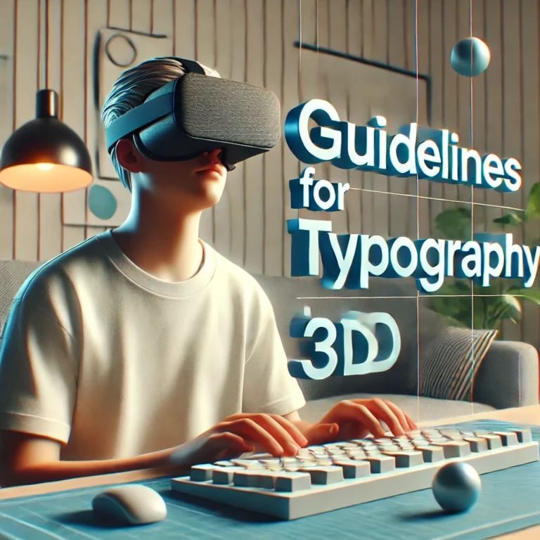 A person wearing a VR headset is using a keyboard. Floating text shows 'Guidelines for Typography in 3D'