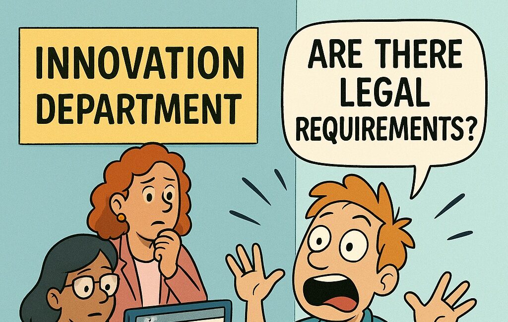 person in panic in the innovation department shouting “are there legal requirement?” while three others in the office look surprised.