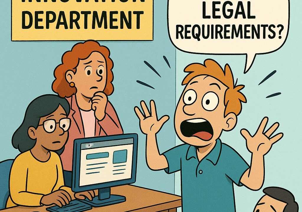person in panic in the innovation department shouting “are there legal requirement?” while three others in the office look surprised.