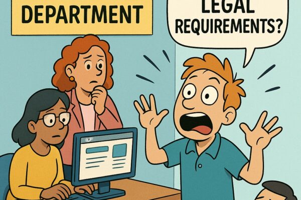 person in panic in the innovation department shouting “are there legal requirement?” while three others in the office look surprised.