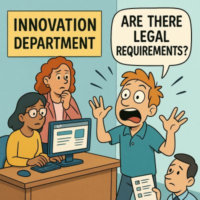 person in panic in the innovation department shouting “are there legal requirement?” while three others in the office look surprised.